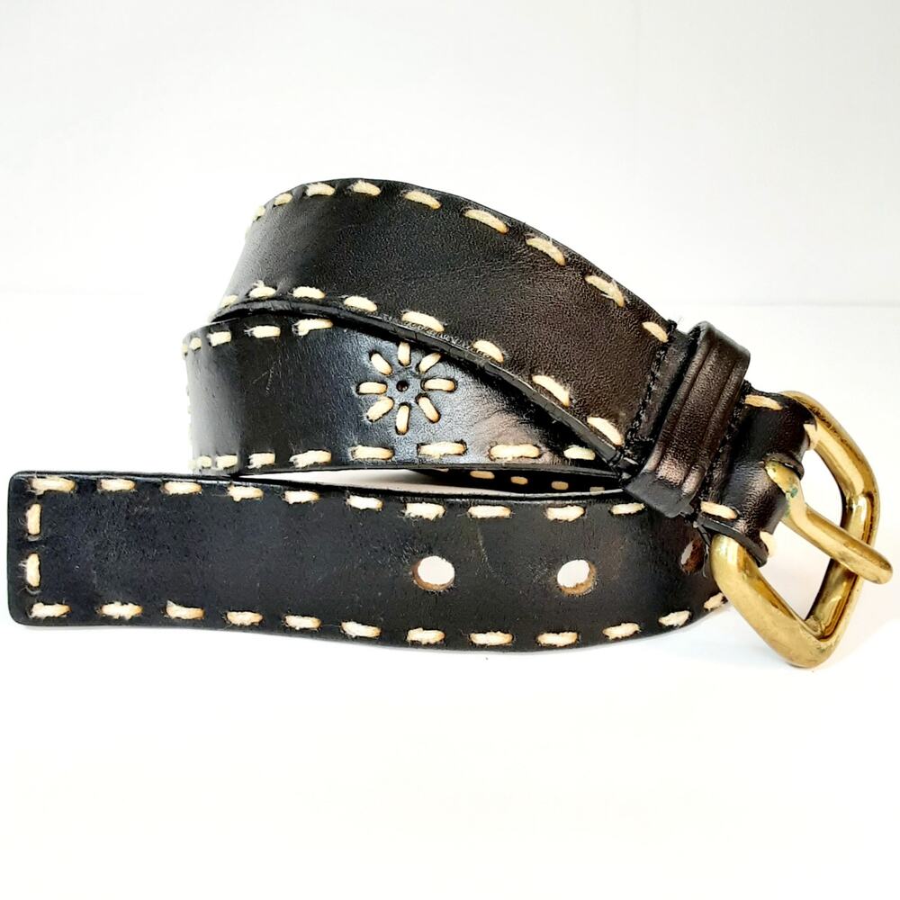 Perry Ellis Black Genuine Leather Belt M Cream Contrast Shipstitch Border Daisy